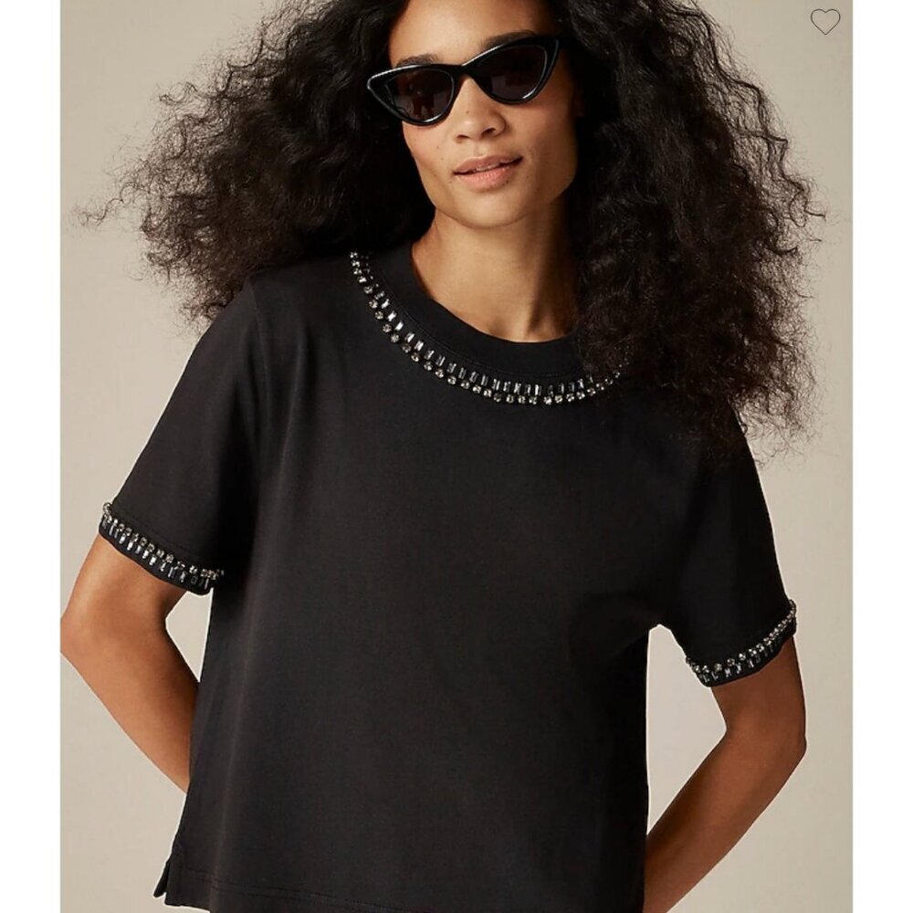 J.Crew $98 Relaxed crystal-embellished cropped T-shirt Black Size XXS CD118